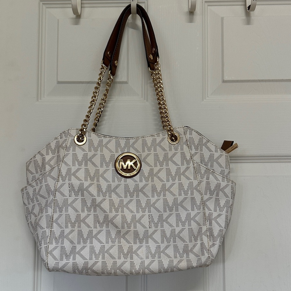 Michael Kors White and Brown Logo Tote with Gold Hardware